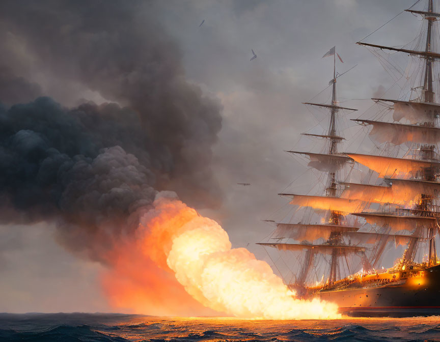 Sailing ship engulfed in explosion at sea amid stormy sky