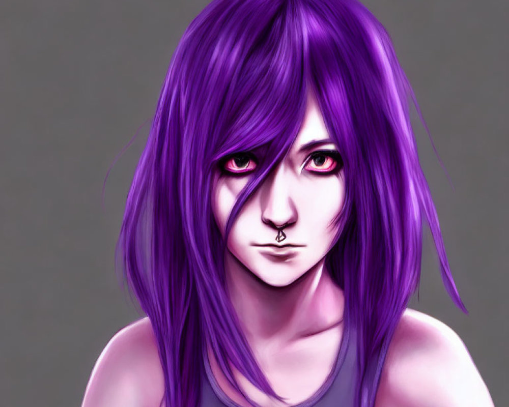 Vibrant purple hair and piercing red eyes in digital artwork