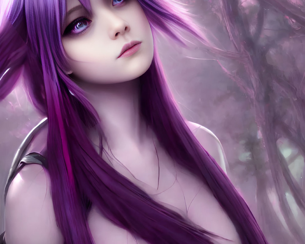 Digital artwork: Female anime character with purple hair and eyes in forest setting