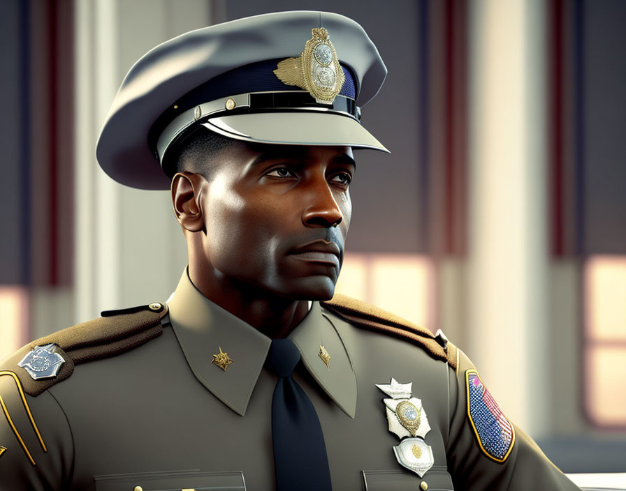 Digital artwork of a solemn police officer in uniform with badges and insignia.