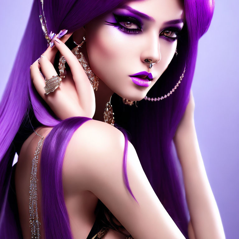 Vibrant digital artwork featuring person with purple hair and bold makeup