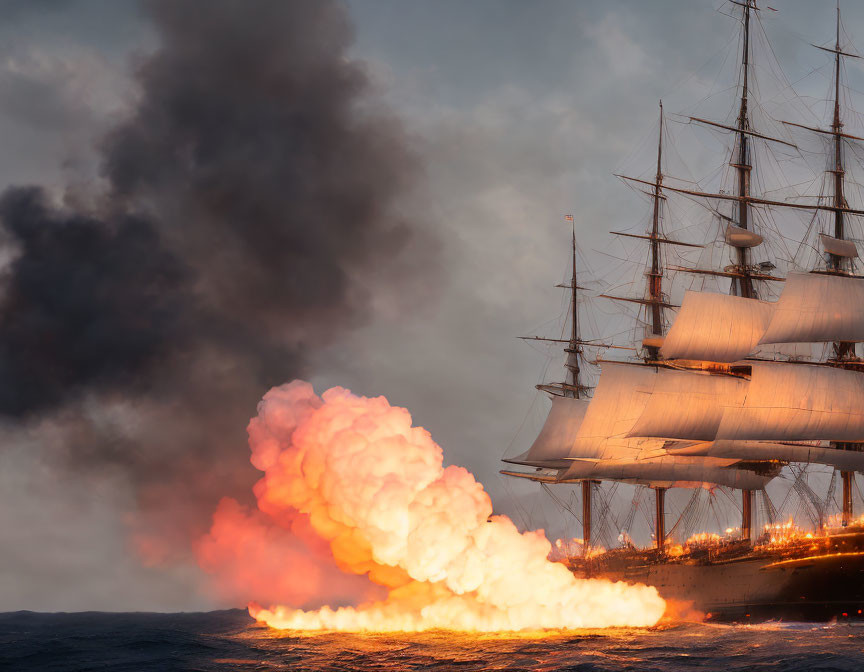 Sailing ship near explosion with flames and smoke at dusk