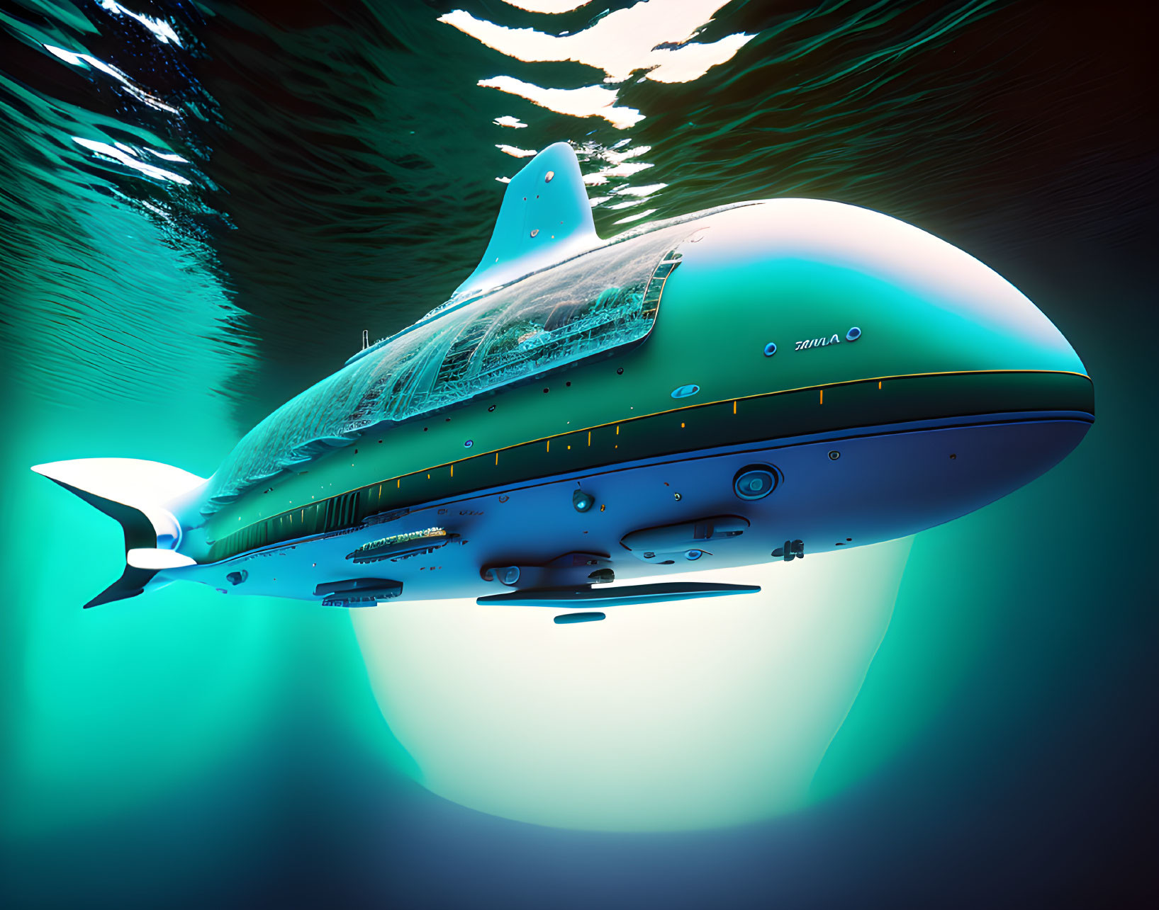 Futuristic whale-inspired submarine in deep water