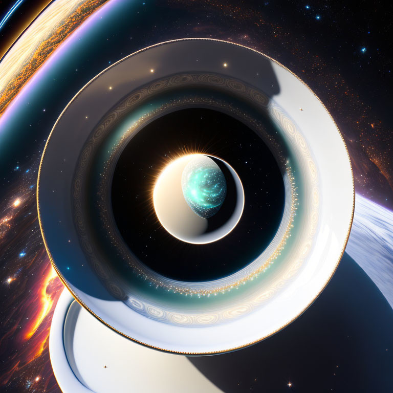 Cosmic surreal image: concentric rings, ornate patterns, glowing blue planet, starry space