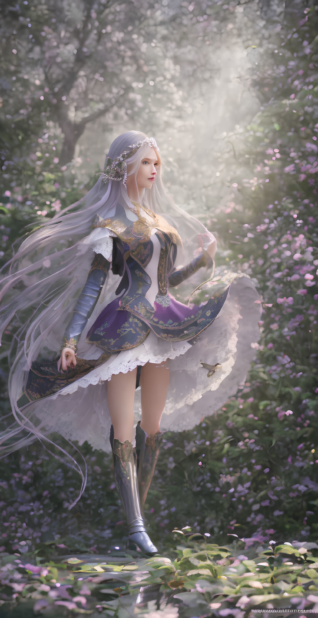 Medieval-inspired fantasy woman in elegant dress with crown in mystical forest