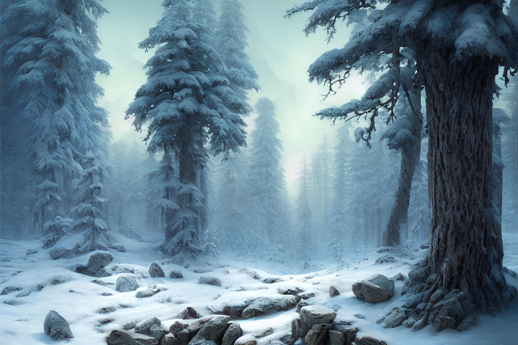 Snowy forest with towering trees and untouched snow blanket