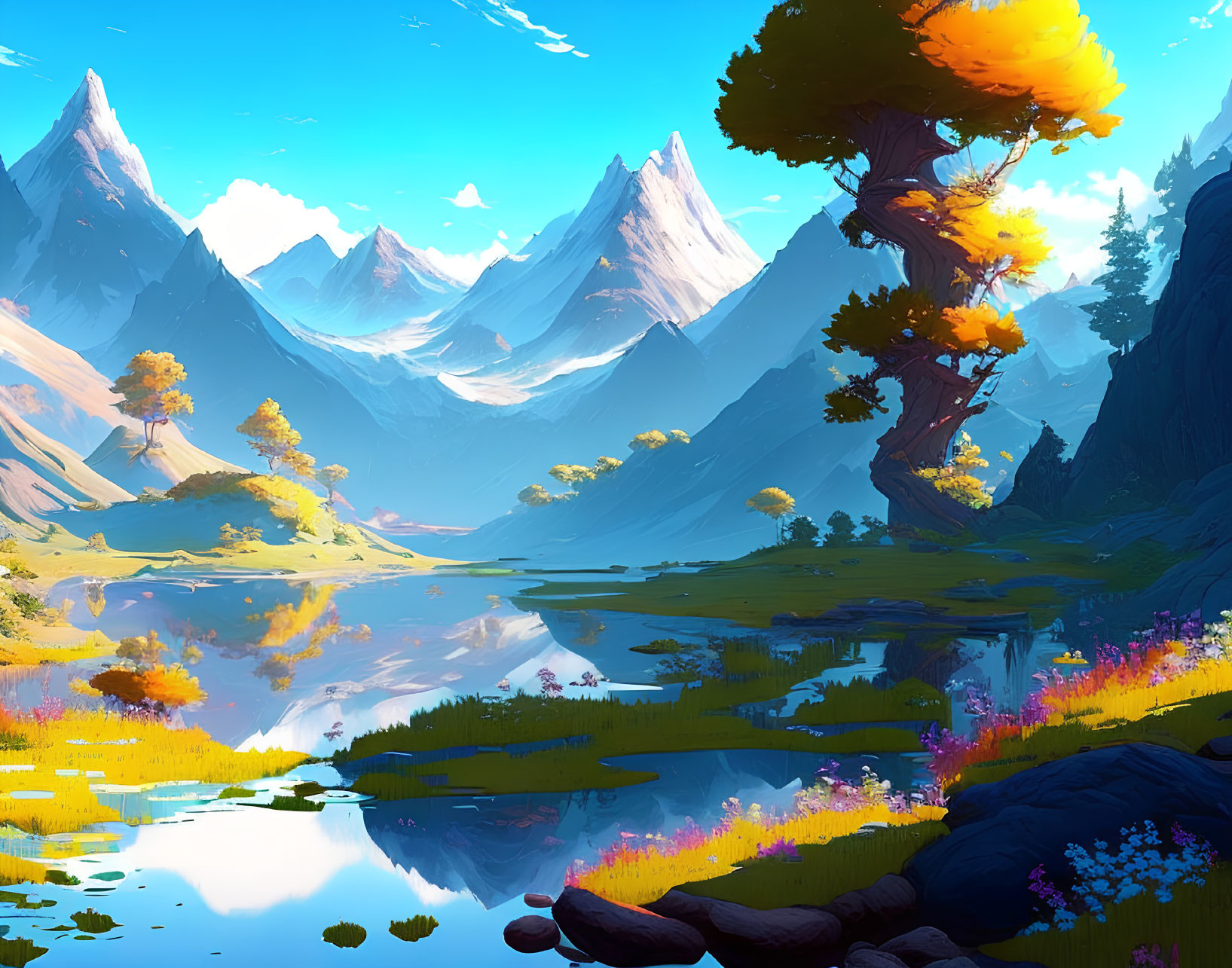 Serene lake, snowy peaks, colorful flora in vibrant digital landscape