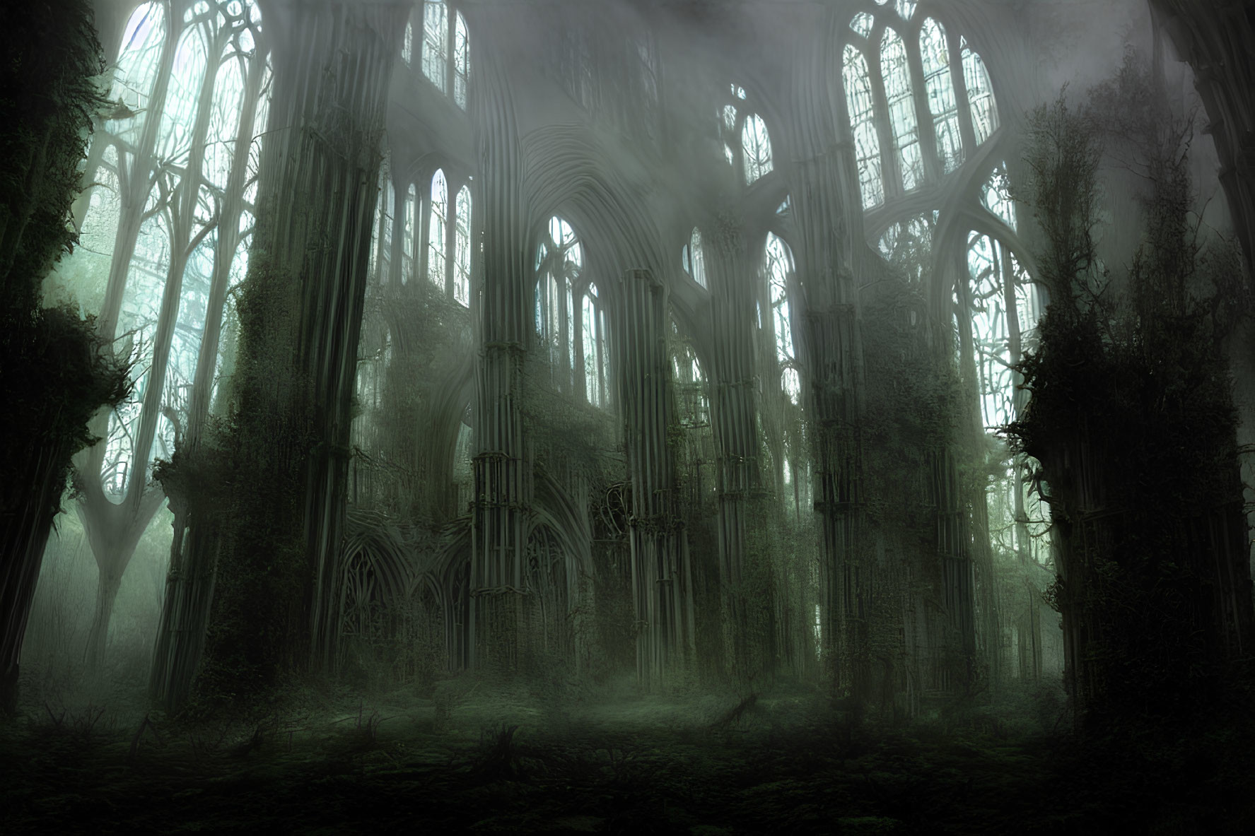 Abandoned Gothic cathedral in foggy forest landscape