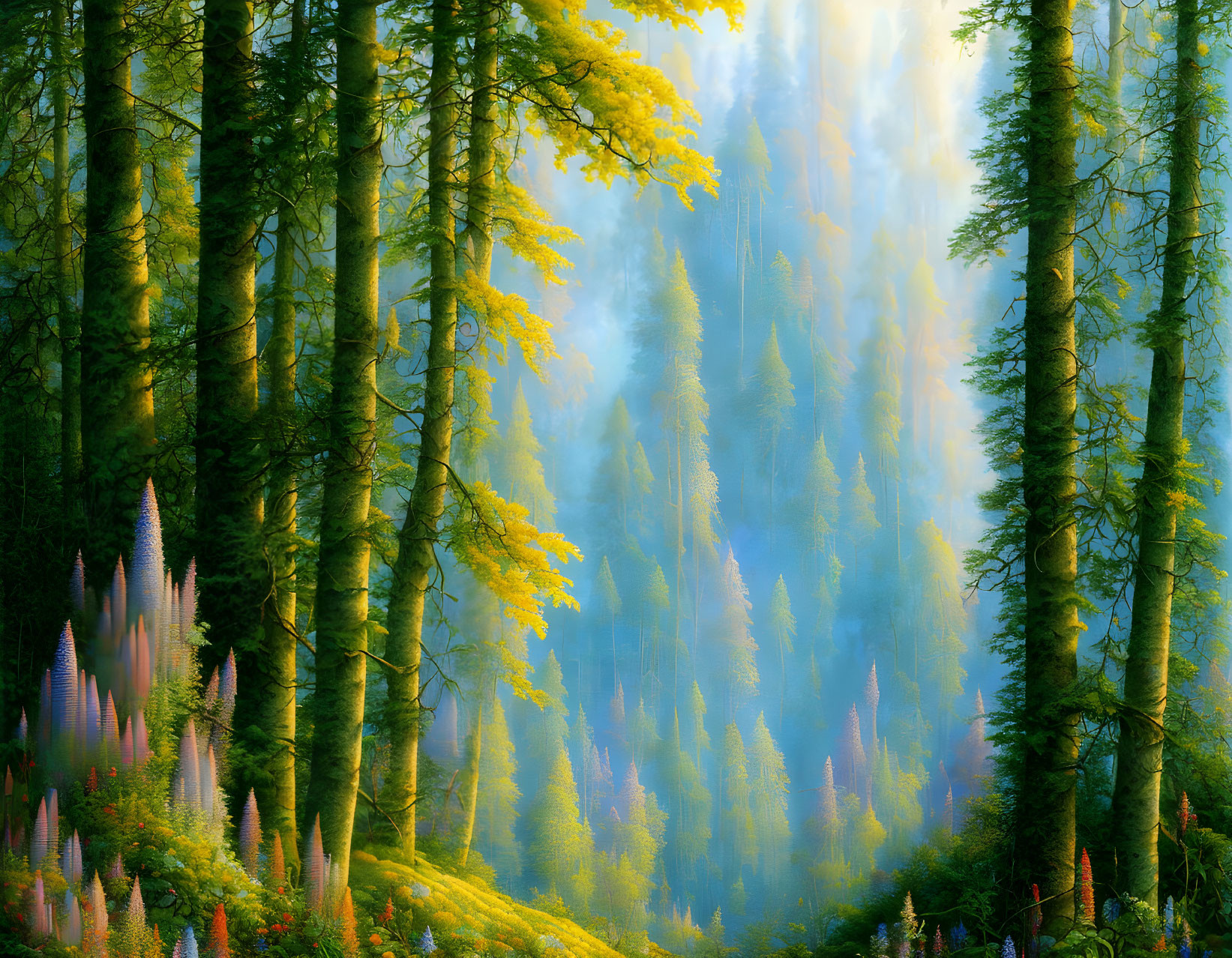 Lush forest scene with sunlight filtering through mist and tall trees
