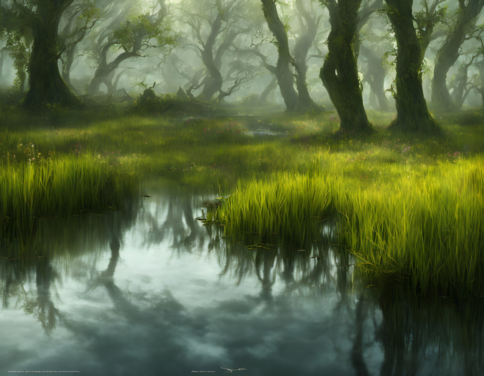 Tranquil misty forest with lush greenery and tranquil pond