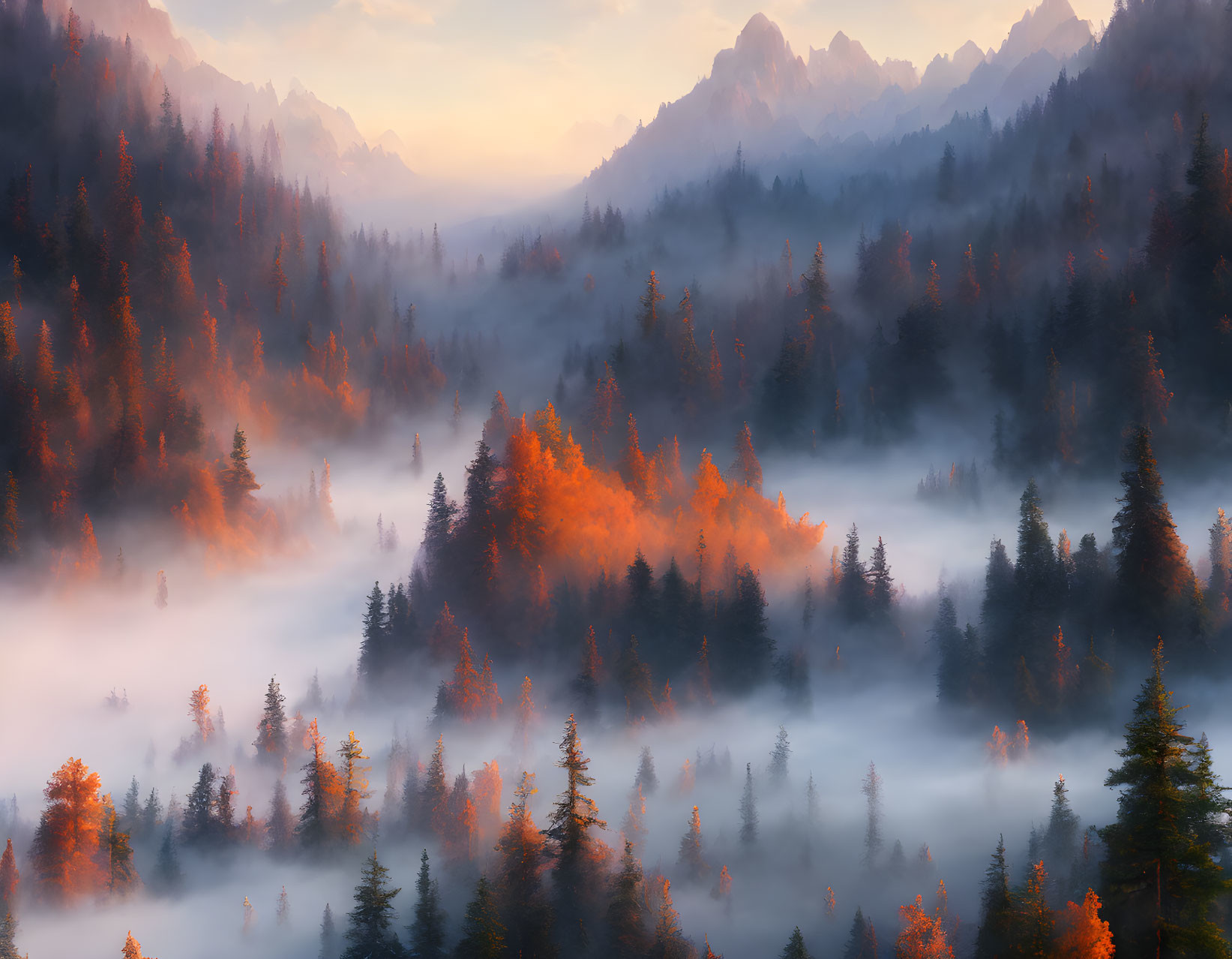 Sunlit Misty Forest at Sunrise with Mountain Peaks