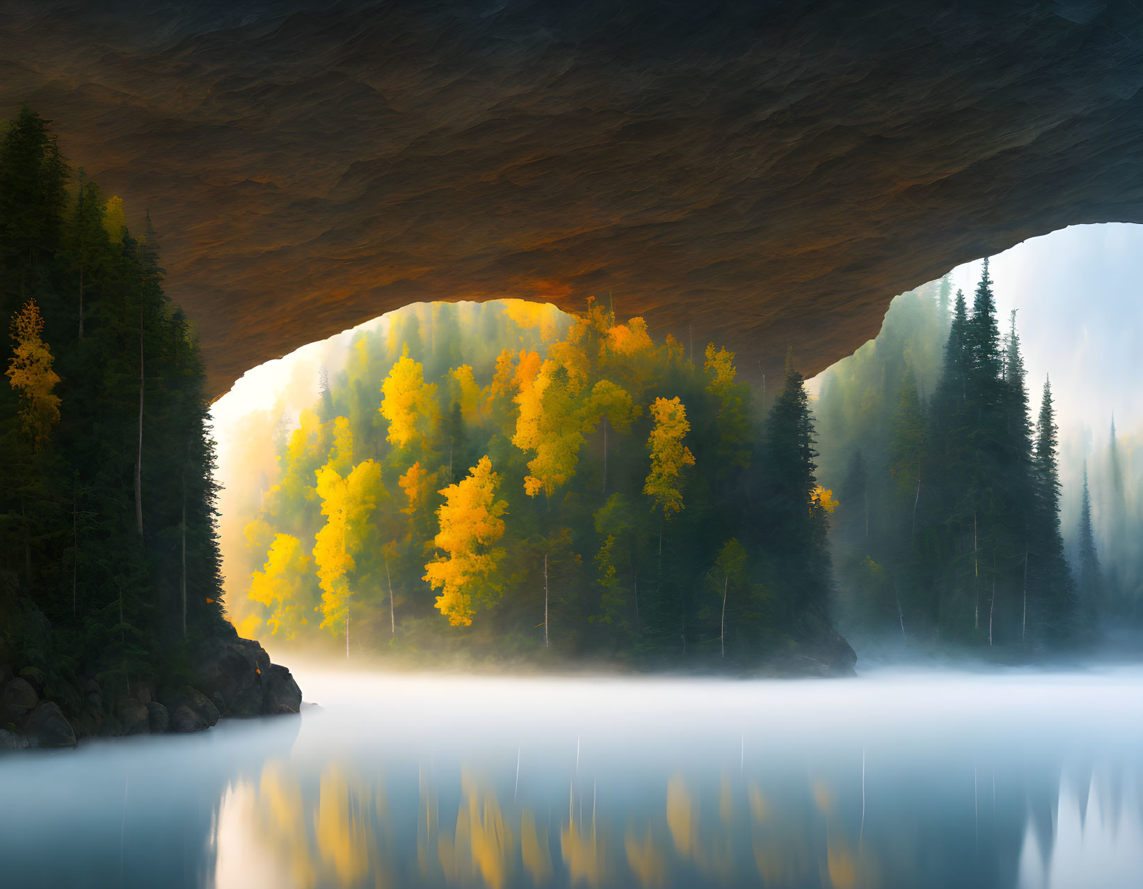 Autumn forest view from cave with misty lake and sunlight