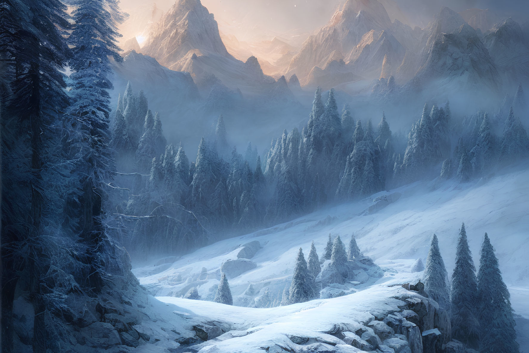 Snow-covered trees, winding path, mountains in winter landscape.