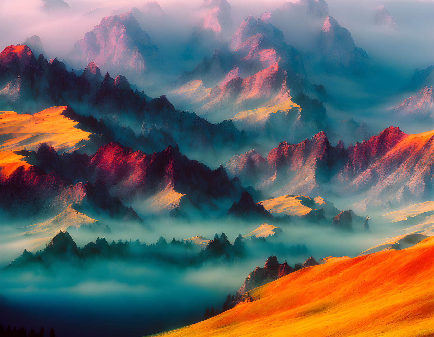 Layered Red and Orange Mountain Landscape in Soft Light