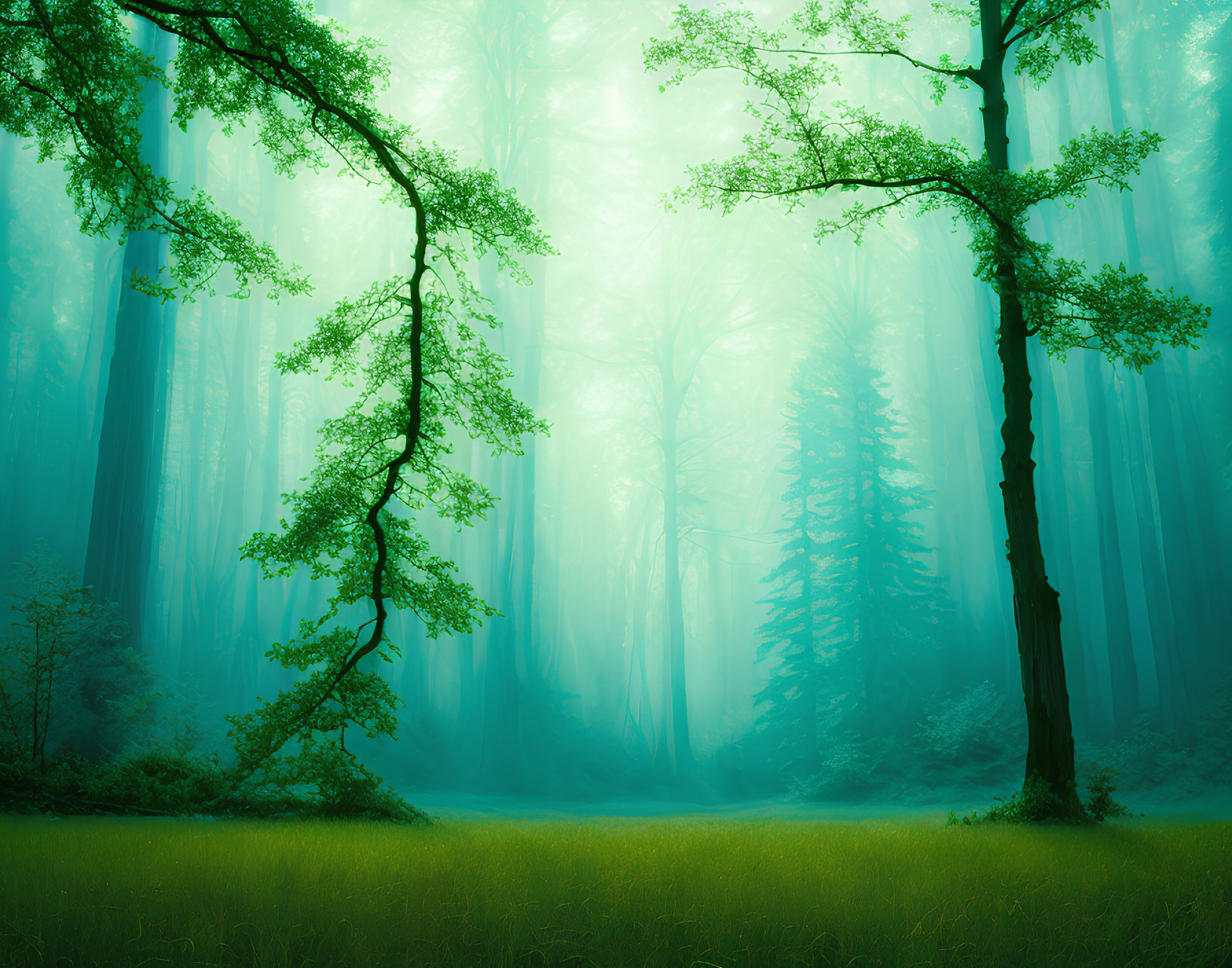 Lush forest with misty atmosphere and green glow in clearing