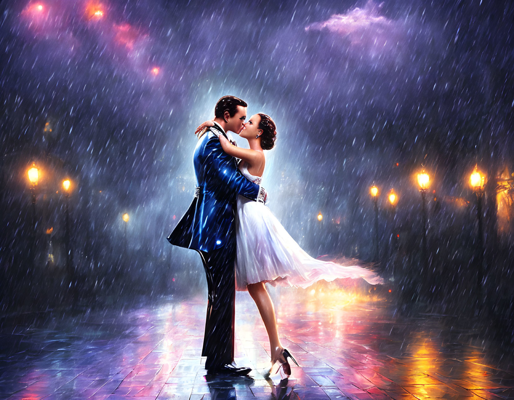 Romantic couple dancing in rain-soaked street at night