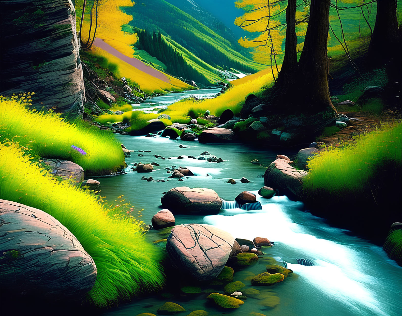 Tranquil stream in vibrant forest with green grass and smooth rocks