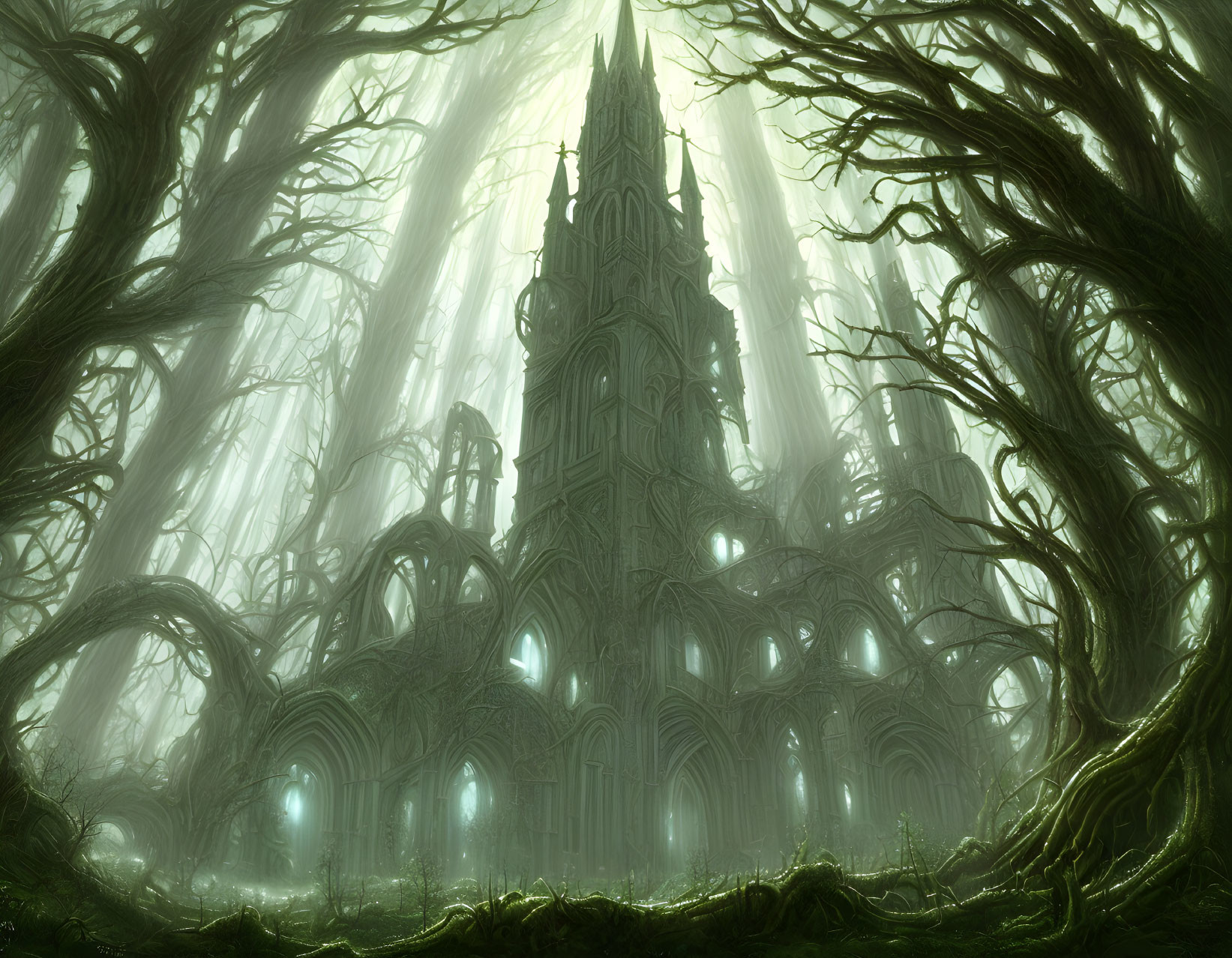 Ethereal gothic cathedral in misty forest with twisted trees