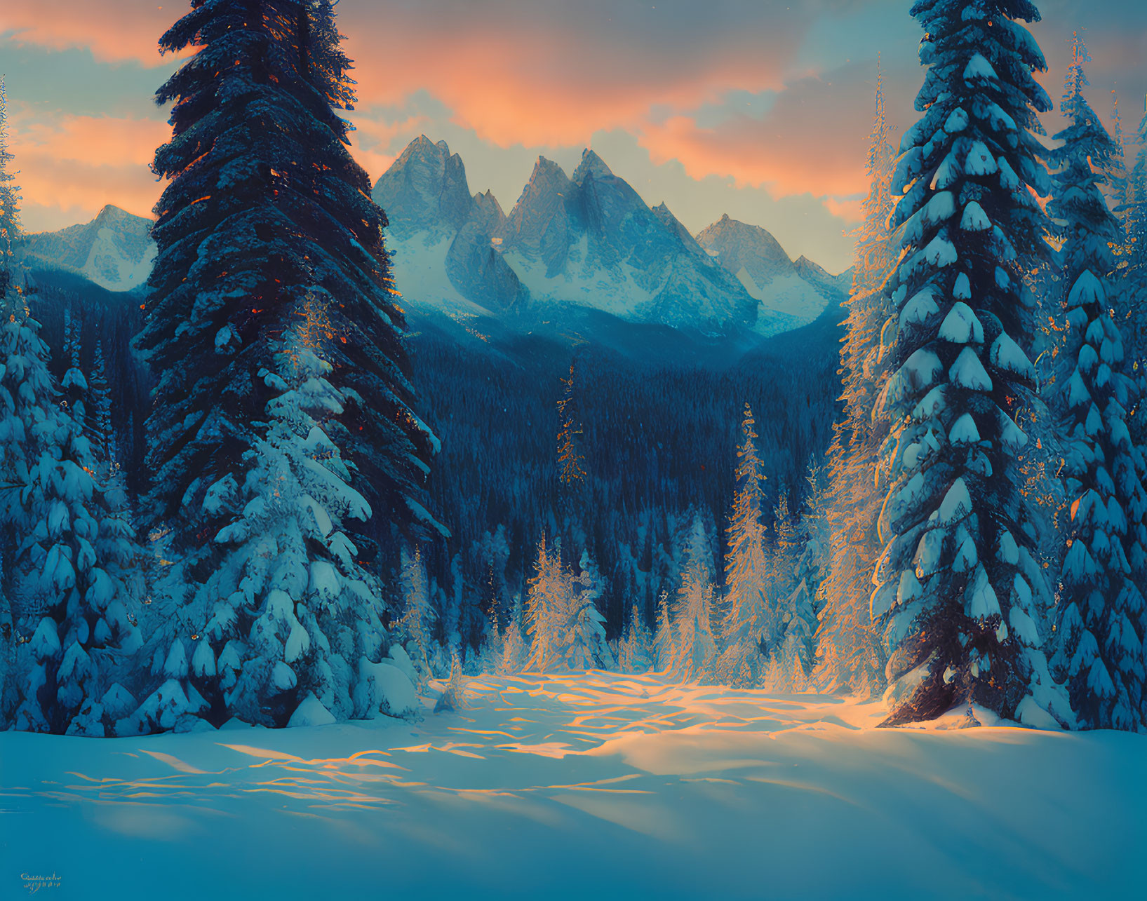 Snow-covered pine trees in serene winter landscape with distant mountains at sunrise.