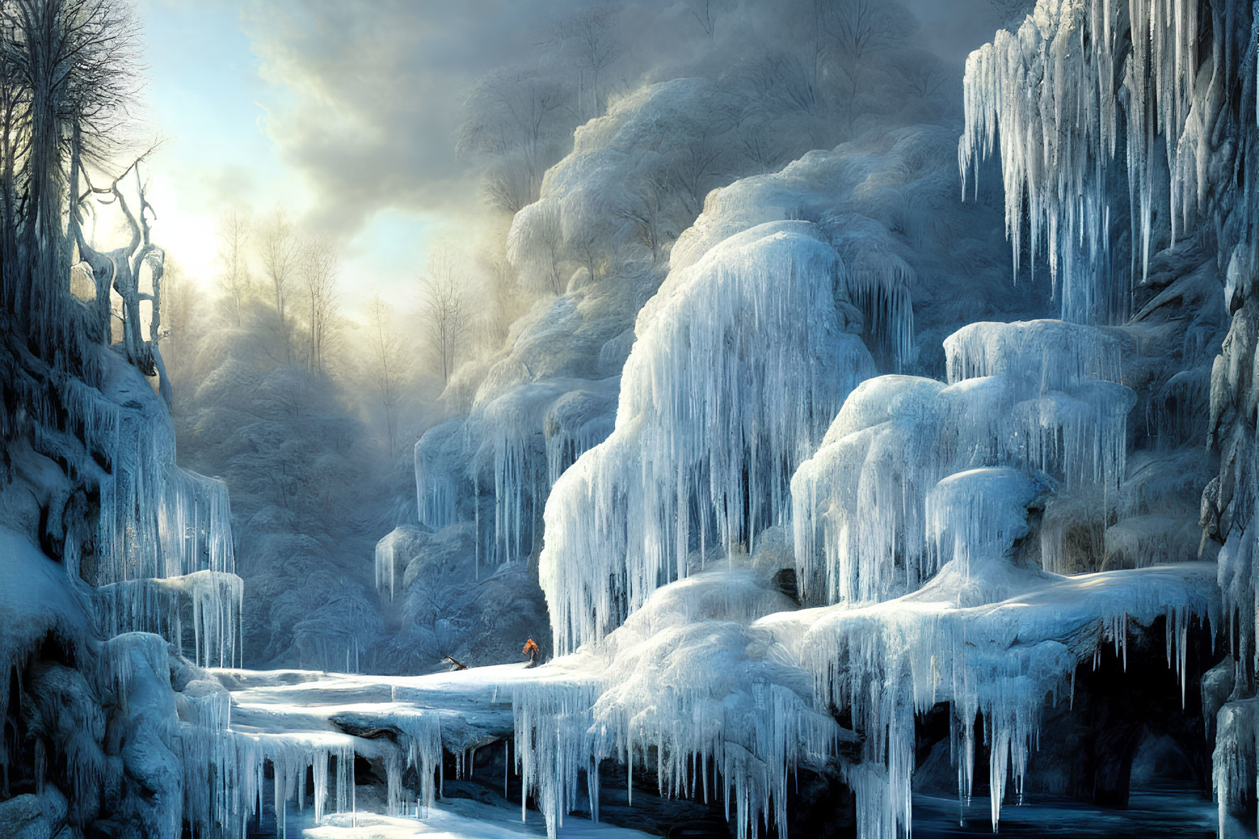 Snowy landscape with icicles, distant figure, and sunbeam through misty trees.