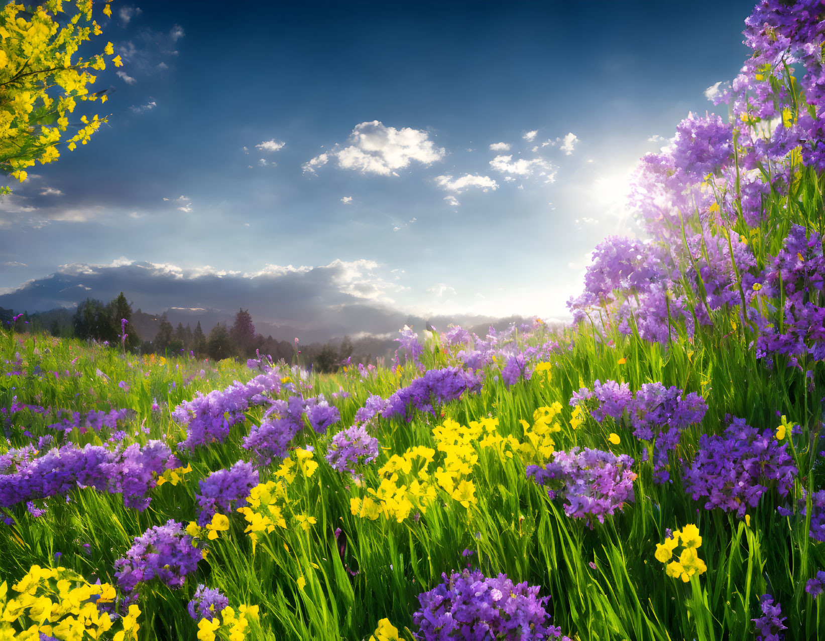 Colorful Purple and Yellow Flower Field with Sun Rays in Partly Cloudy Sky