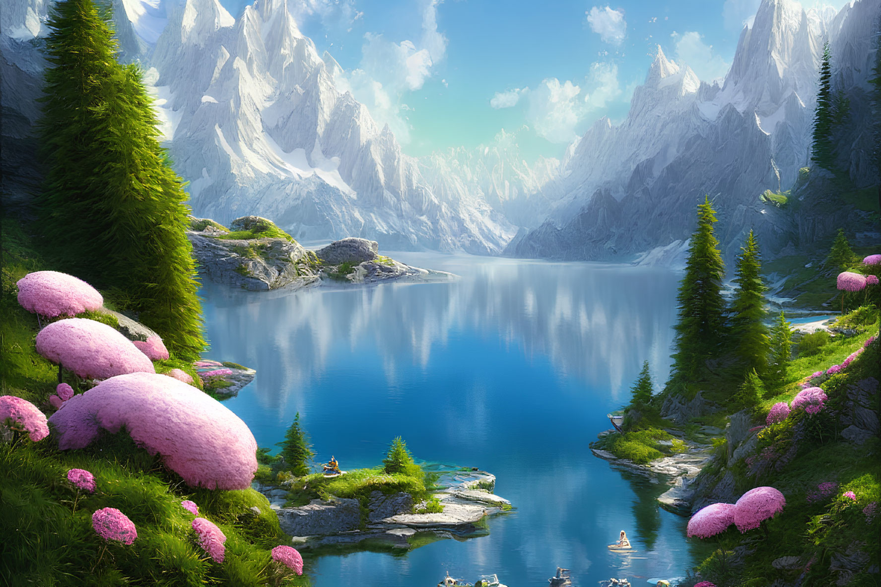 Tranquil mountain lake with pink bushes, snowy peaks, and blue sky