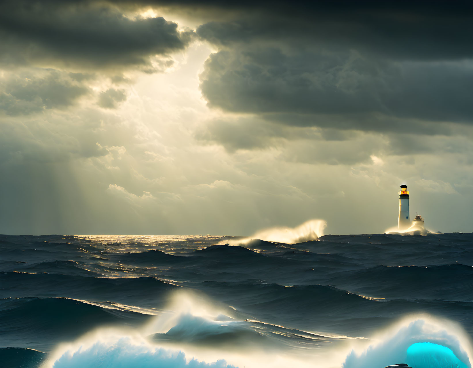 Dramatic sea lighthouse under sunbeams in stormy sky