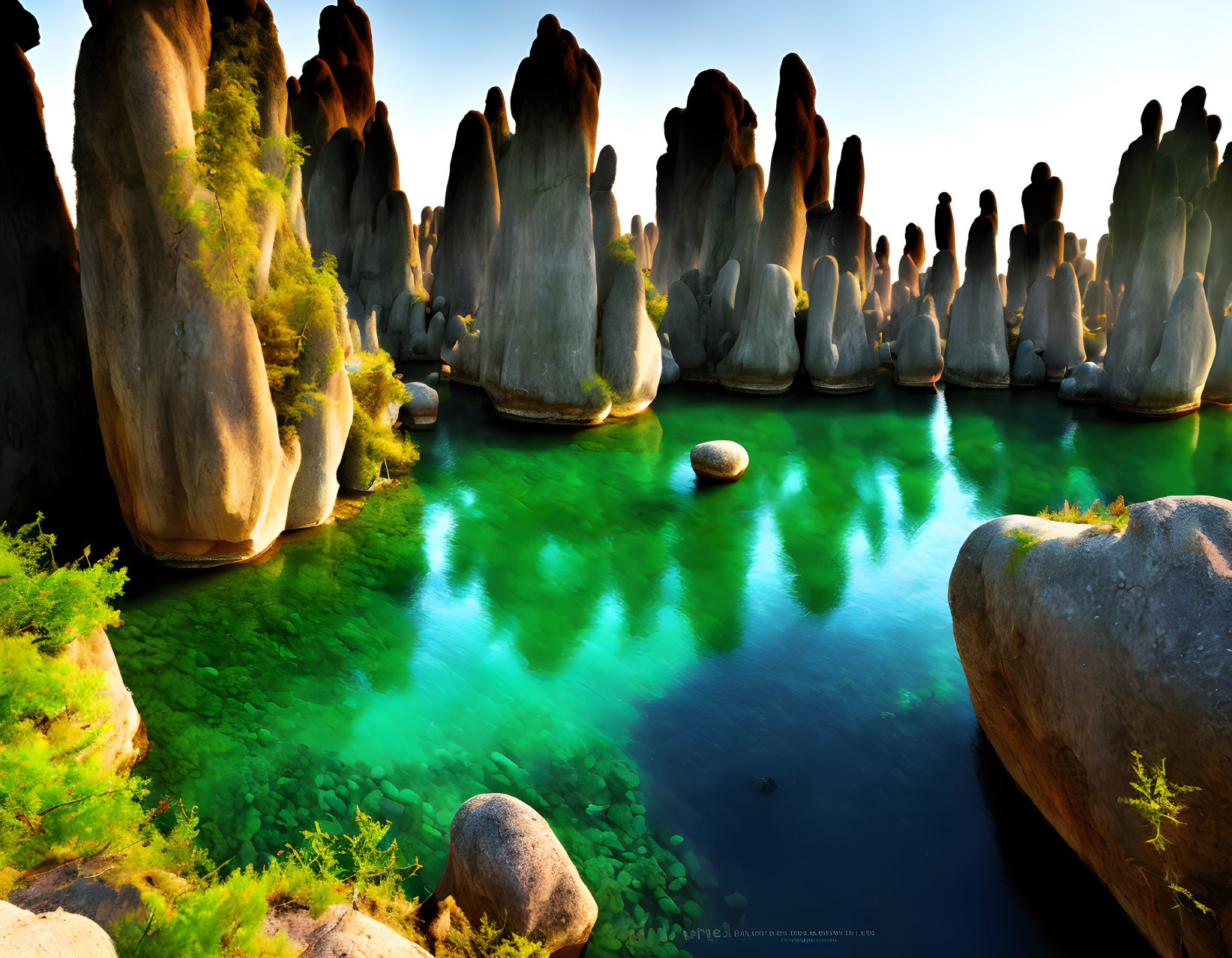 Tranquil lake with tall rock formations at sunrise or sunset