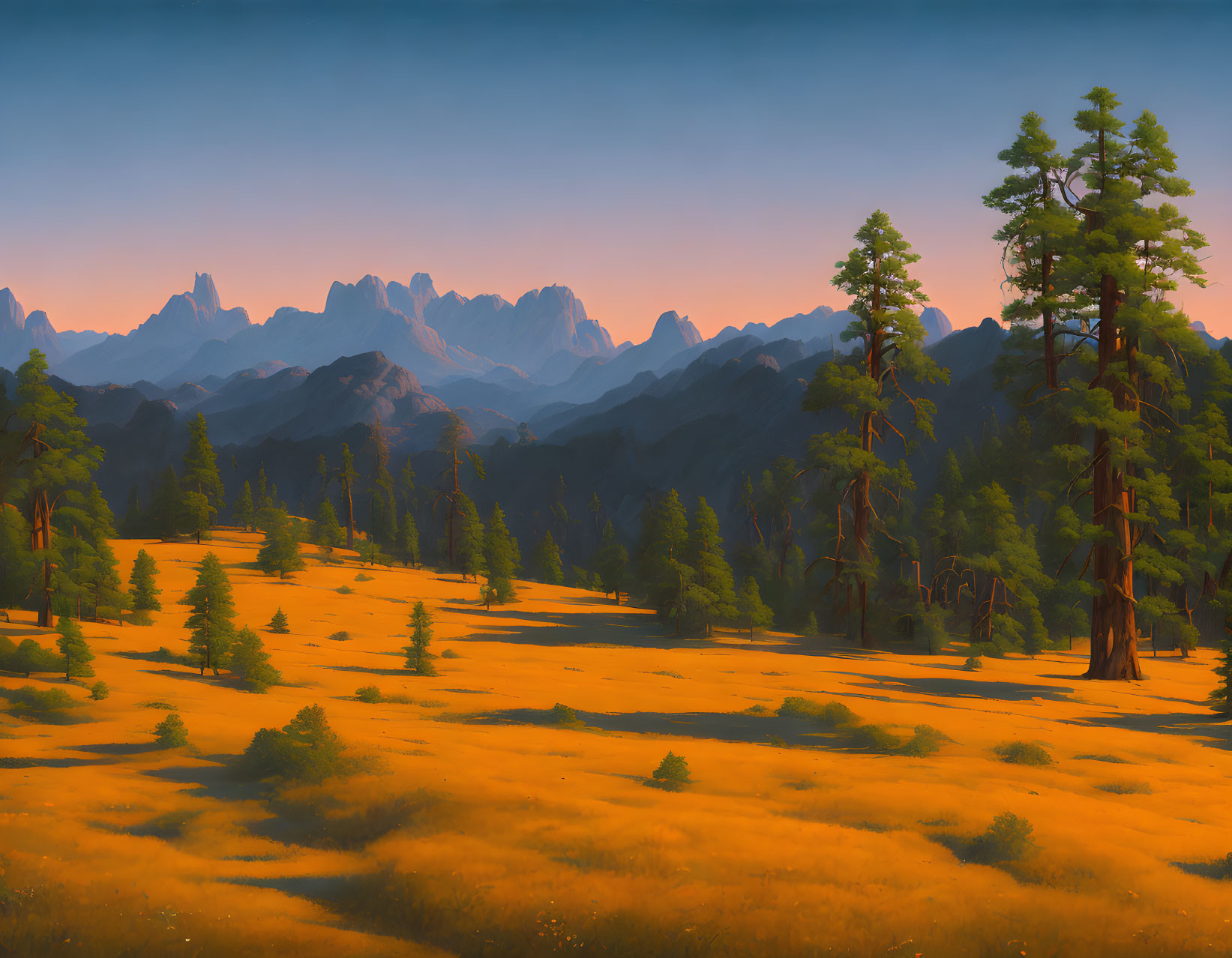 Tranquil landscape with golden meadow, pine trees, and distant mountains