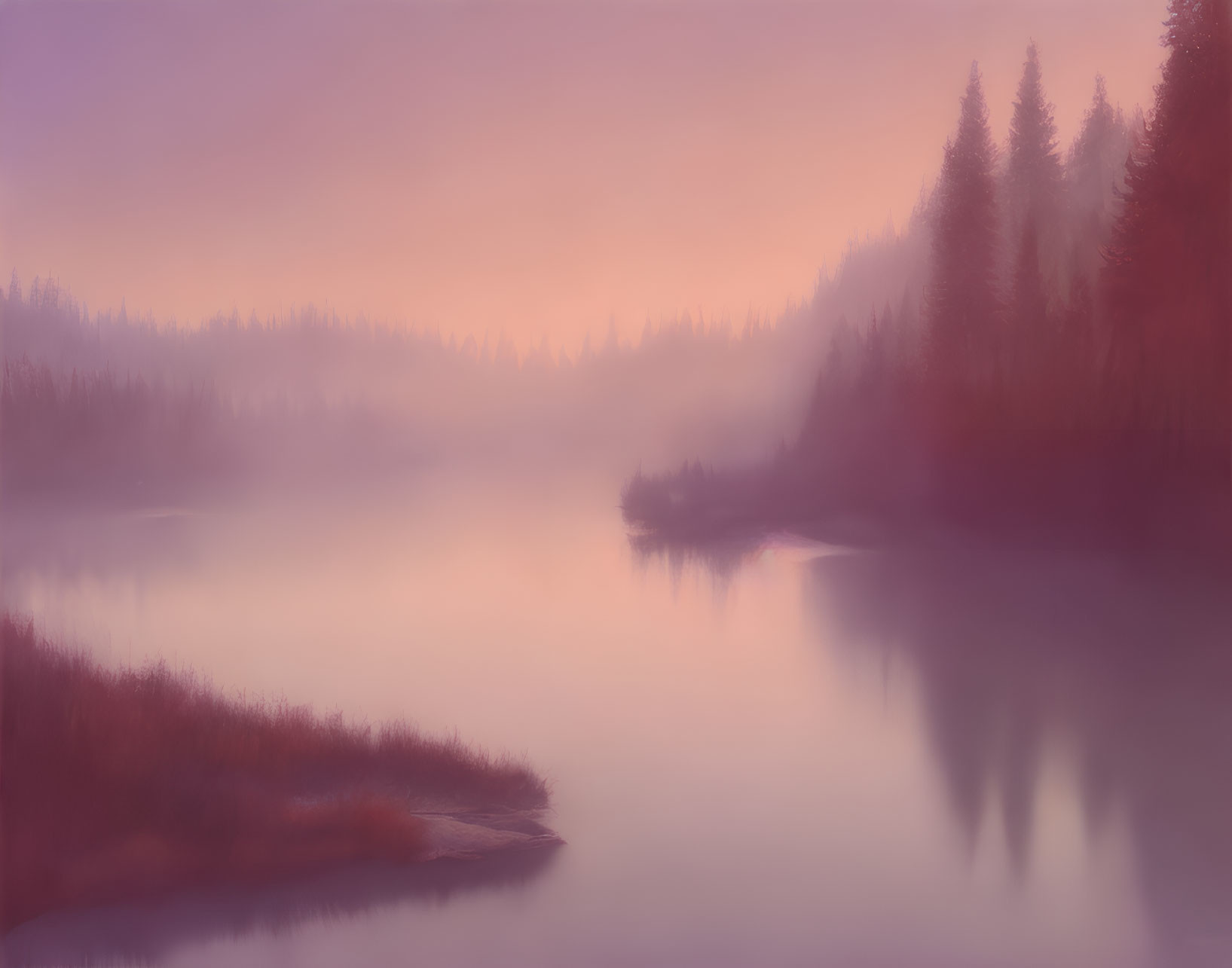 Tranquil misty landscape with lake, pine tree silhouettes, and pastel sky