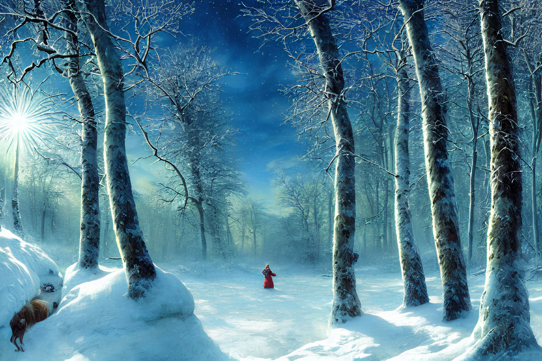 Person in red cloak in snowy forest with sunlight, mist, and animal resting.