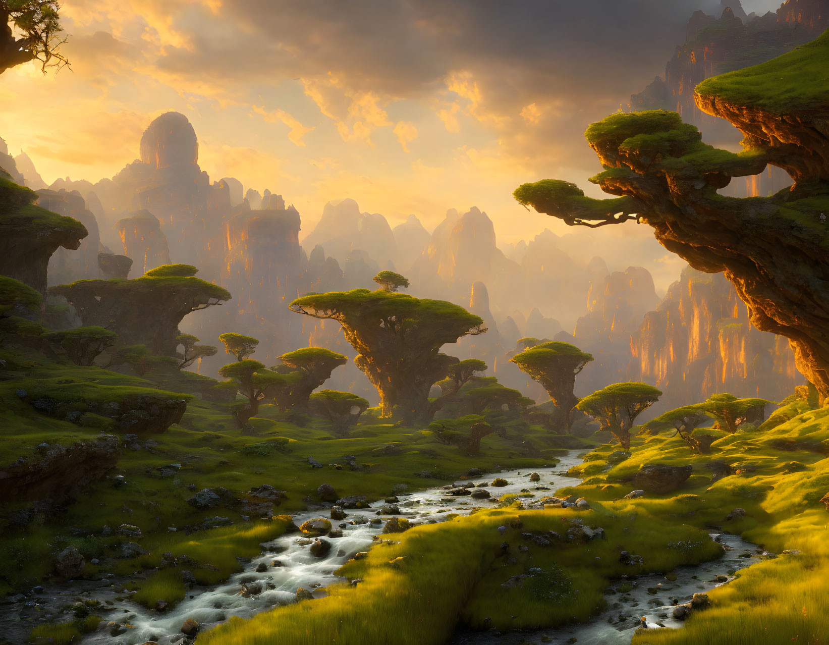 Fantastical landscape with towering rock formations and lush greenery