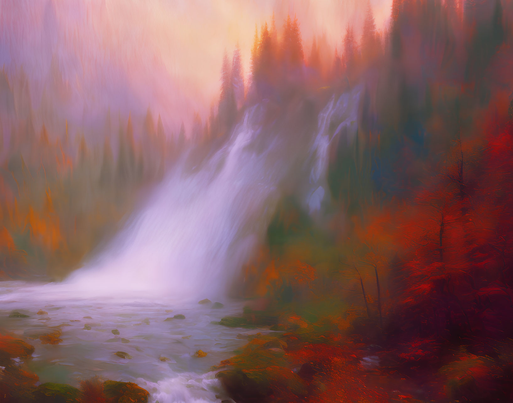 Scenic autumn landscape with cascading waterfall and colorful foliage