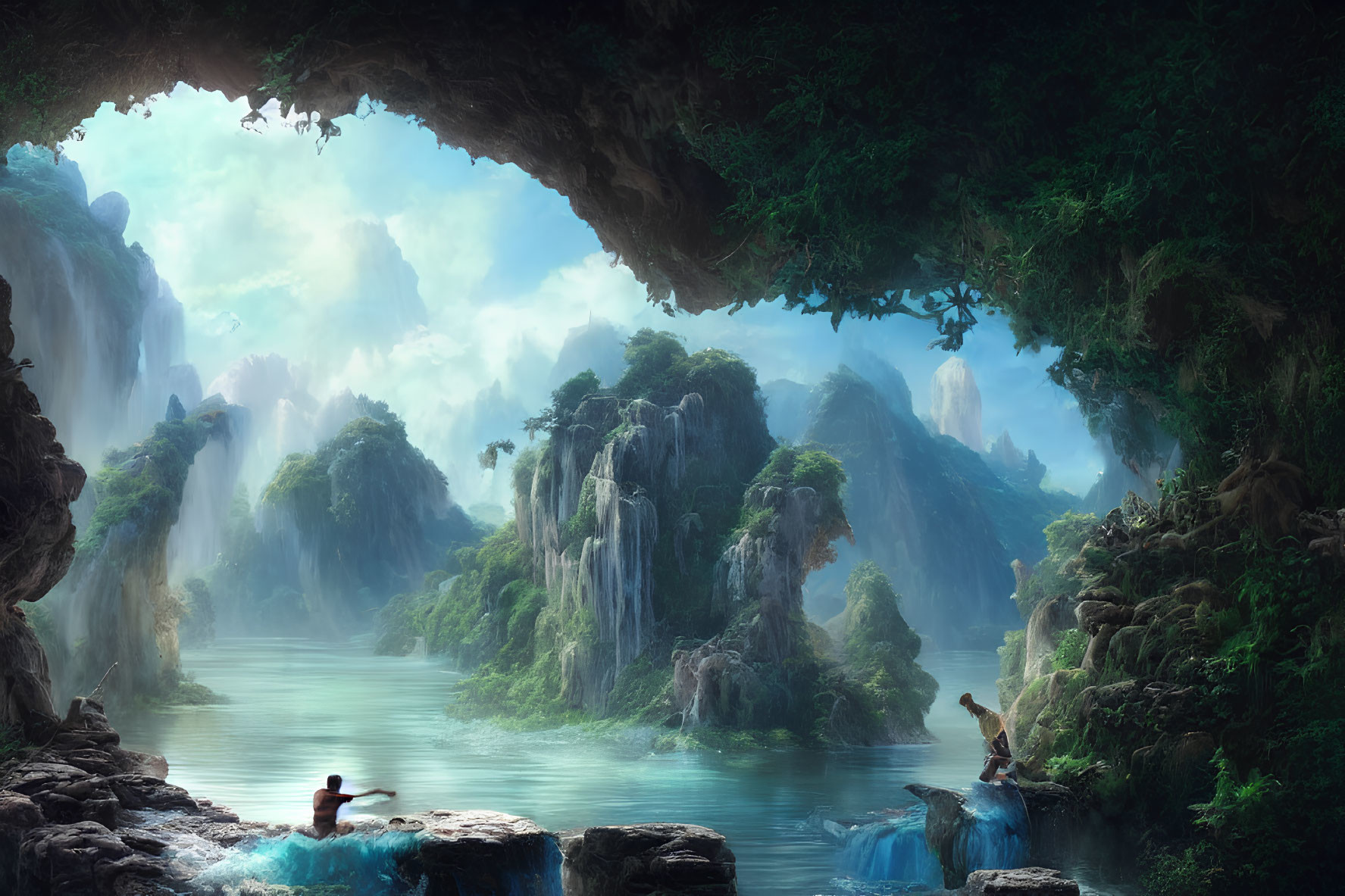 Tranquil fantasy landscape with water cave, lush greenery, waterfalls, misty mountains,