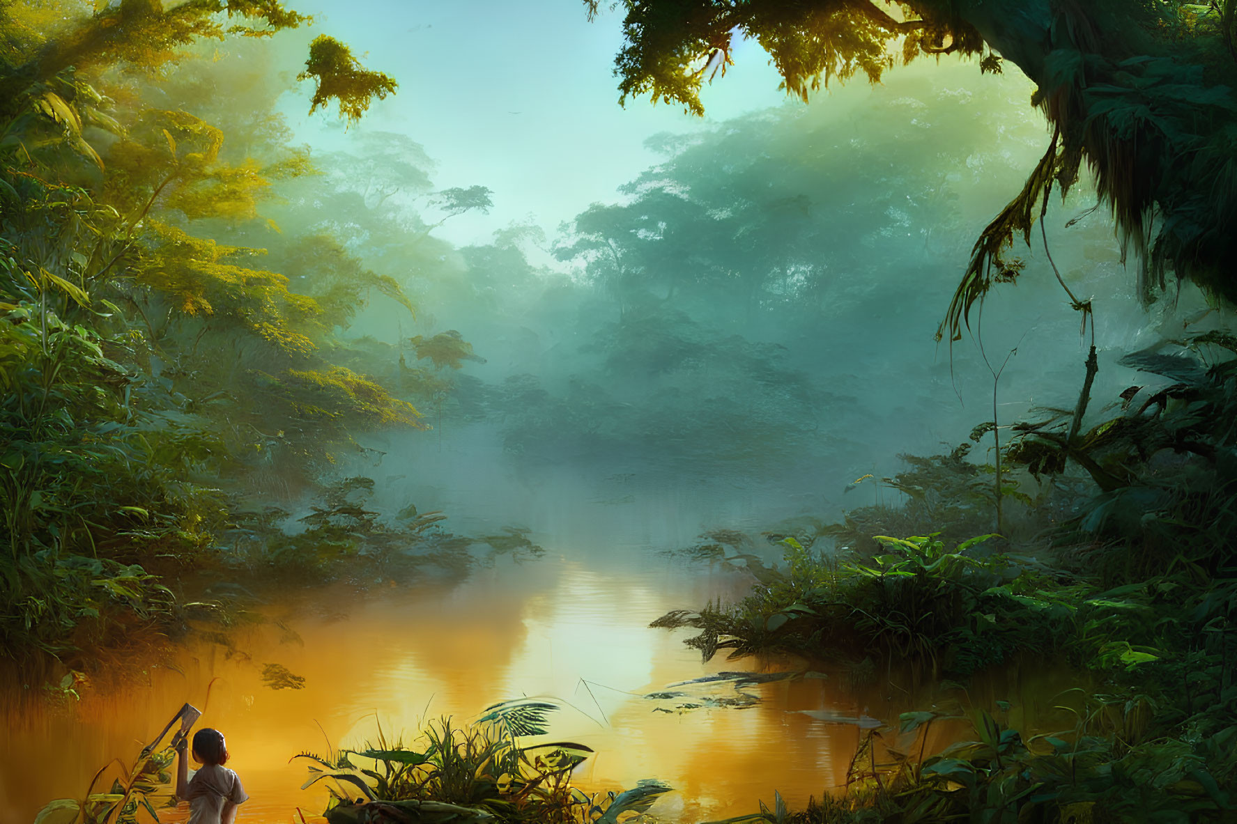 Misty Jungle Scene with River, Foliage, and Person Holding Spear