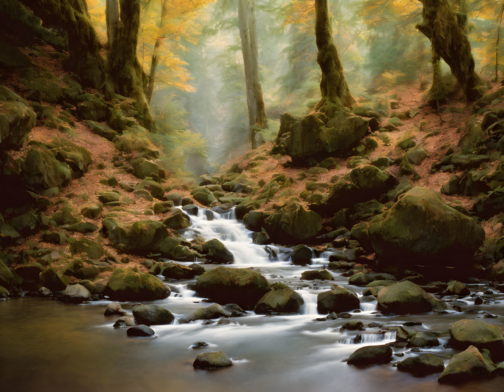 Tranquil forest stream with autumn trees and misty light