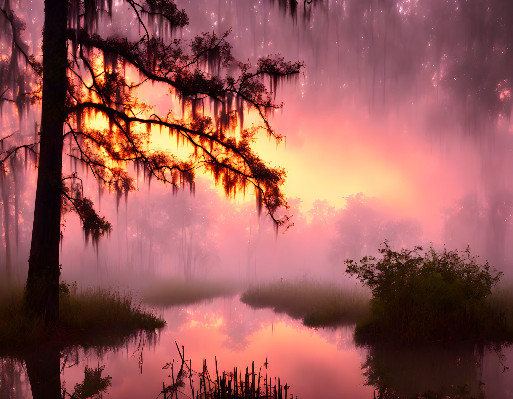 Misty Wetland Sunrise: Pink and Orange Reflections on Water
