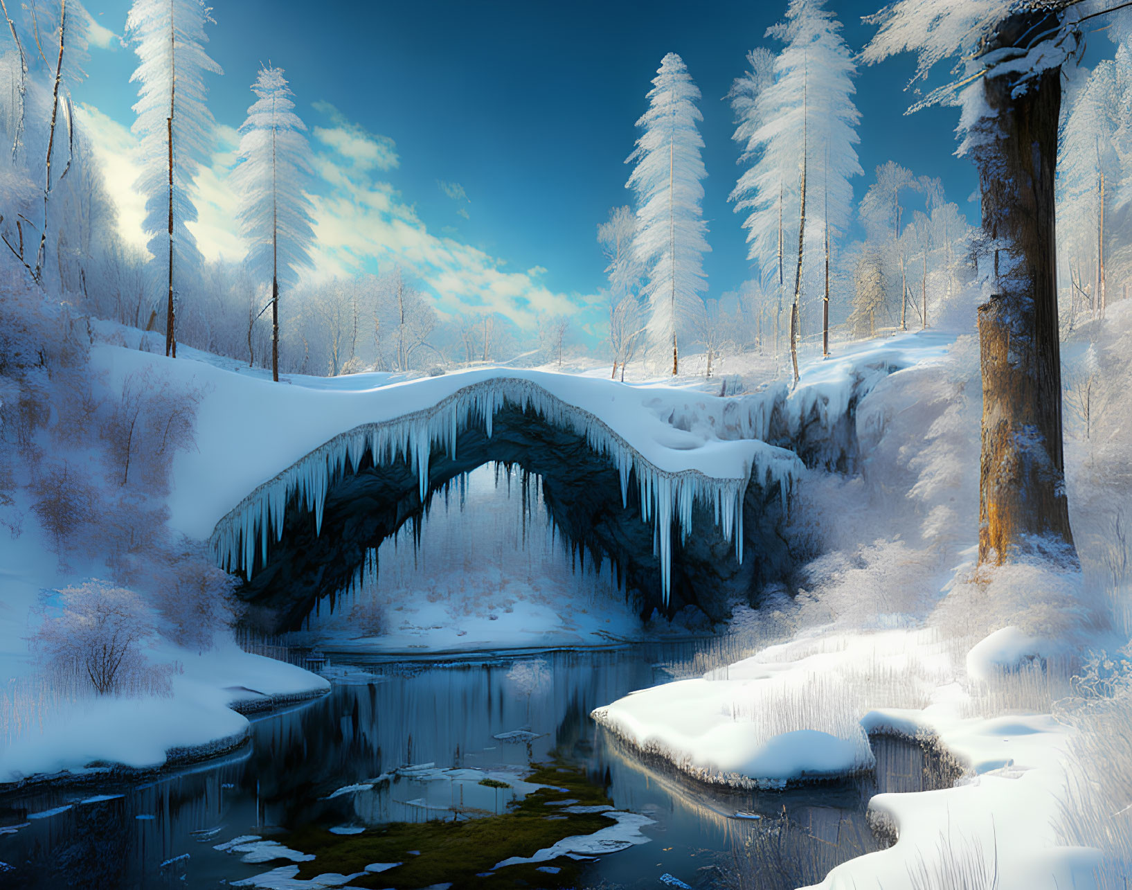 Snowy Stone Bridge and Icicles Over Tranquil Stream in Winter Landscape