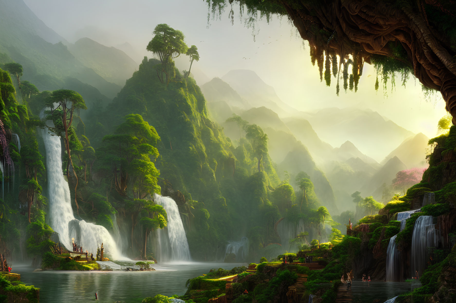 Tranquil fantasy landscape with waterfalls, lush greenery, river, and mysterious structures in mist