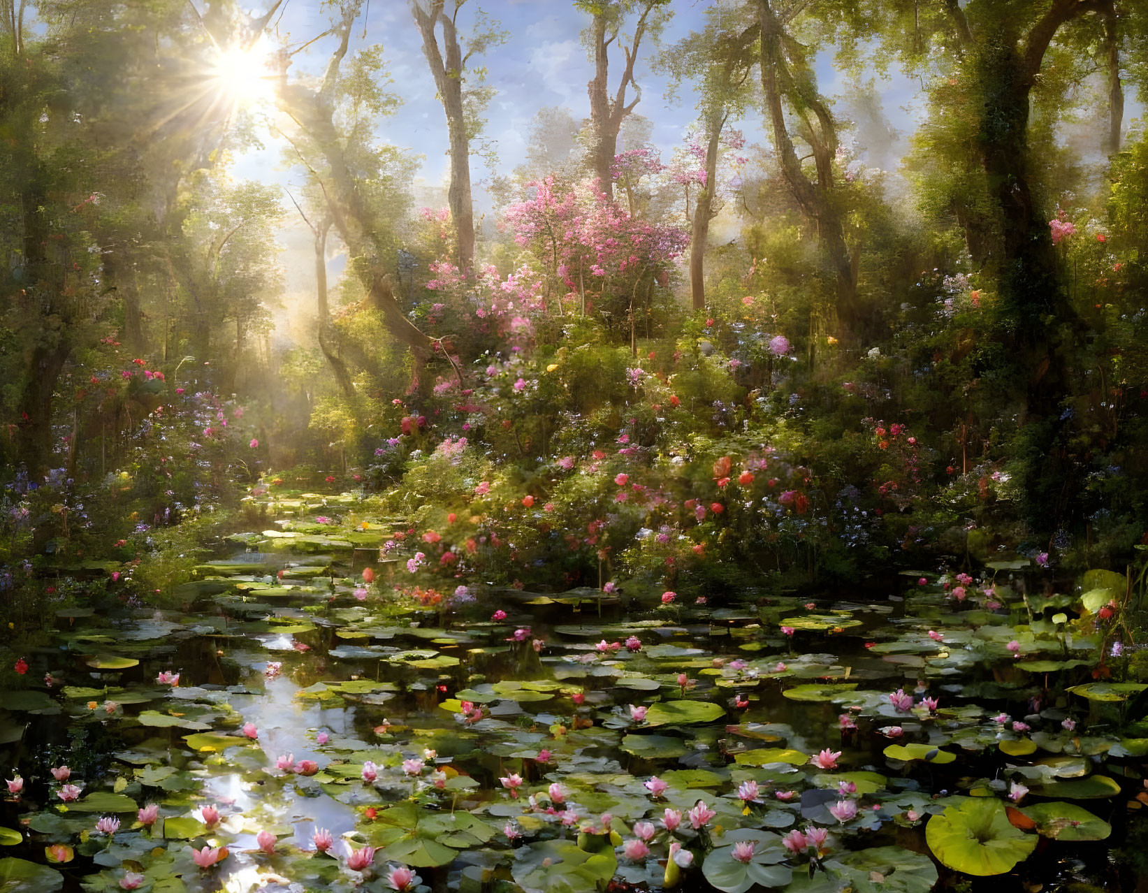 Tranquil forest scene with sunlight, blossoming flowers, and serene pond.