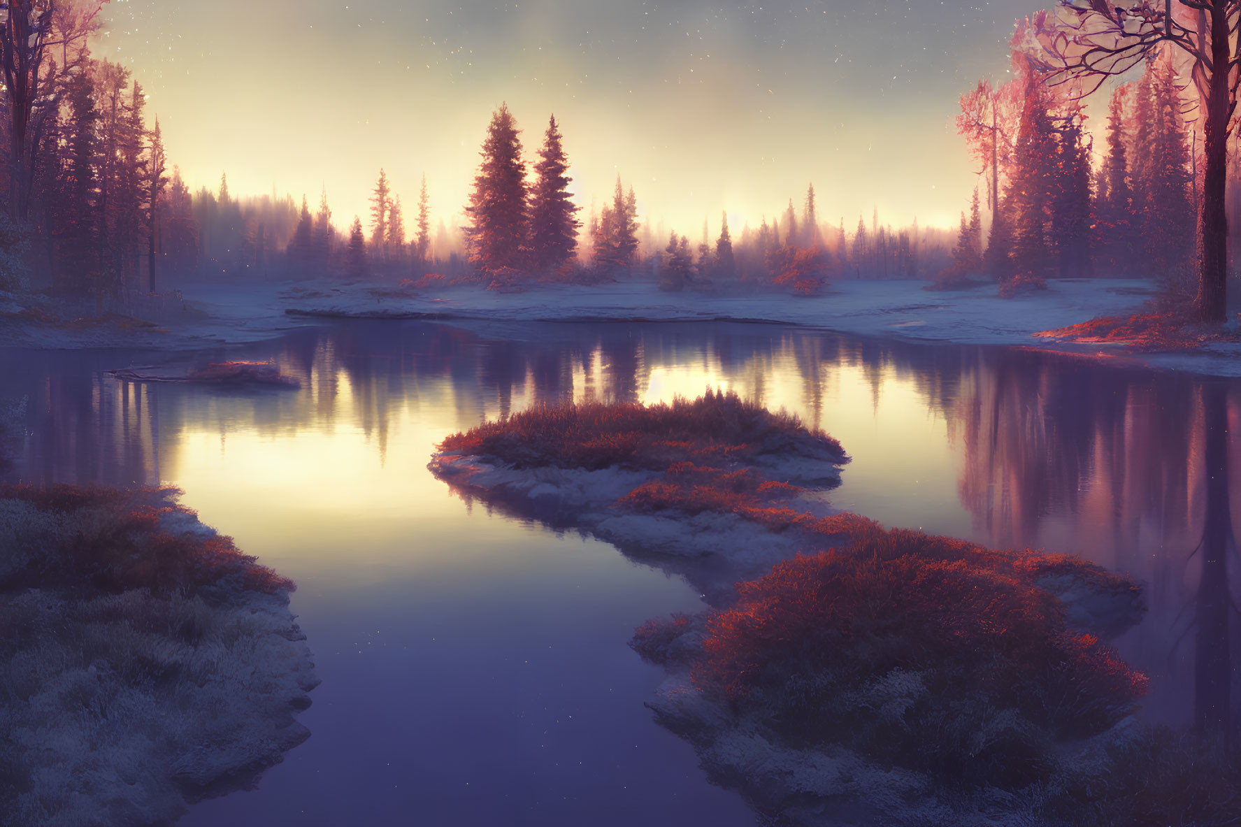 Tranquil twilight landscape with reflective river and starry sky.