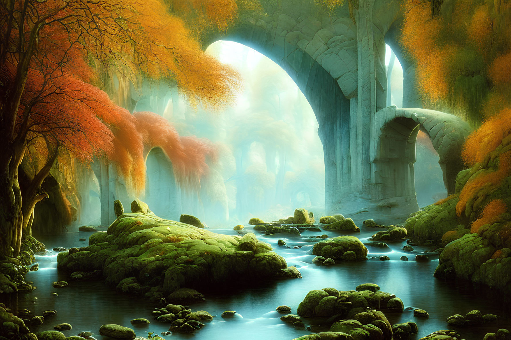 Ethereal autumn landscape with stone bridge, river, and orange trees