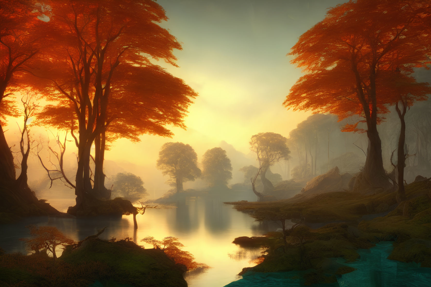 Ethereal forest with red foliage, misty atmosphere, tranquil river at sunrise or sunset