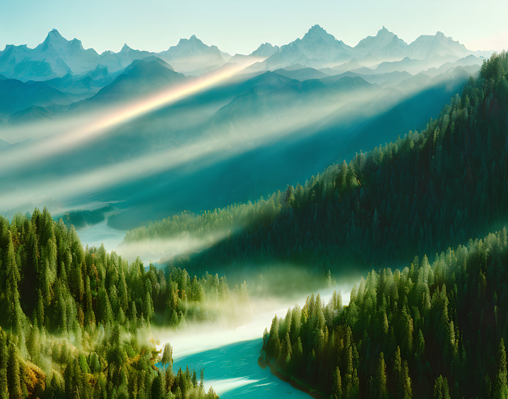 Misty Forest Landscape with Sunbeams, River, and Mountains