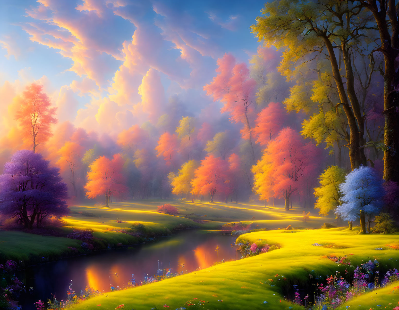 Tranquil landscape with river, colorful trees, and meadow