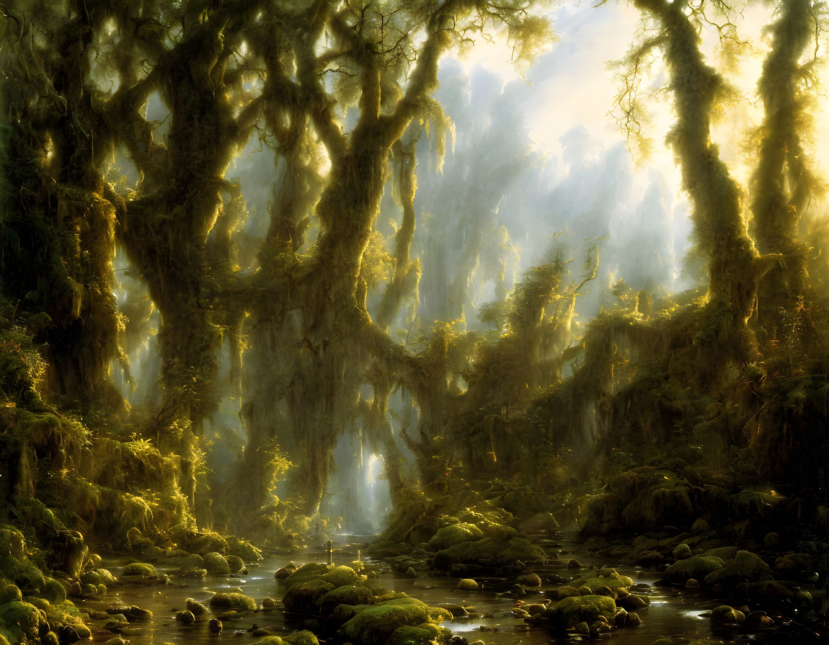 Misty forest with sunlight, stream, and lush greenery