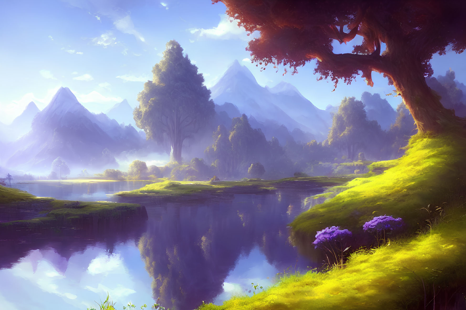 Tranquil landscape with lake, trees, flowers, mountains, and misty sky