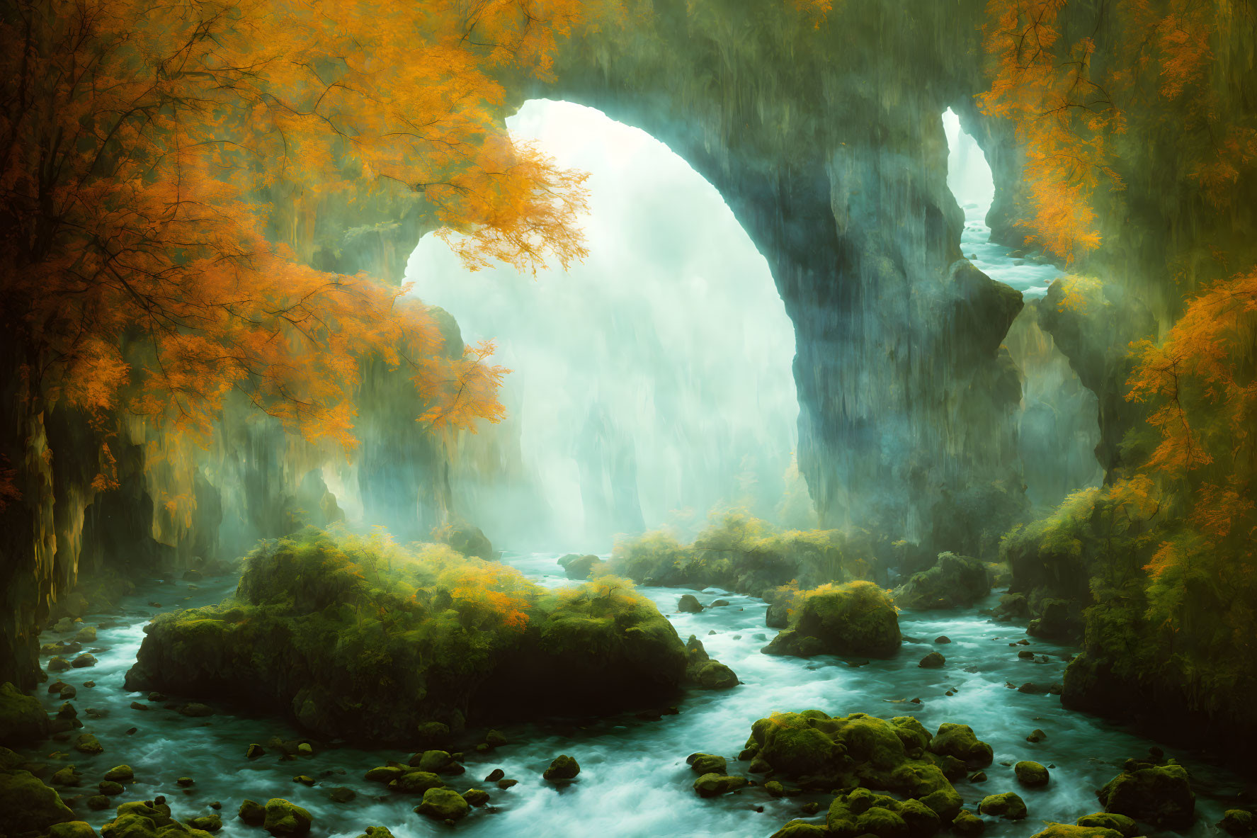 Autumnal natural arch with river, mossy rocks, and mist