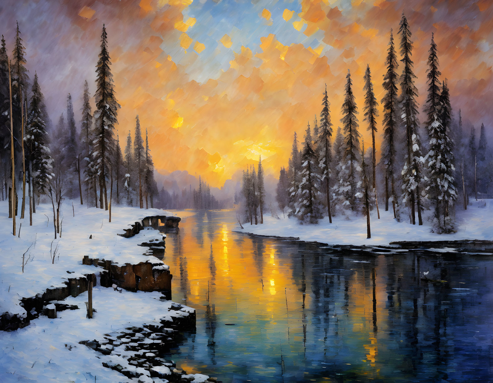 Snowy Forest Sunset Landscape Painting by River