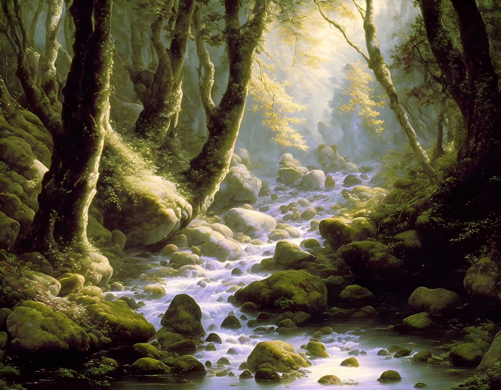 Misty forest with moss-covered rocks and stream under sunlight